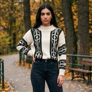 Clifton Place Vintage XL Unisex Sweater Wool Blend Geometric Cream Y2K 90s